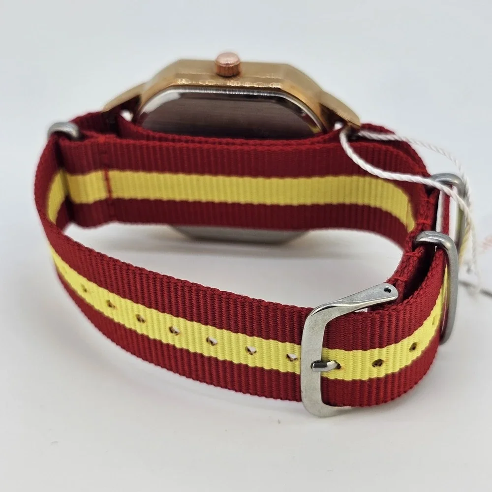 42MM Minimalist Watch Men Black Dial Gold Case‎ Date Red Yellow Canvas Strap